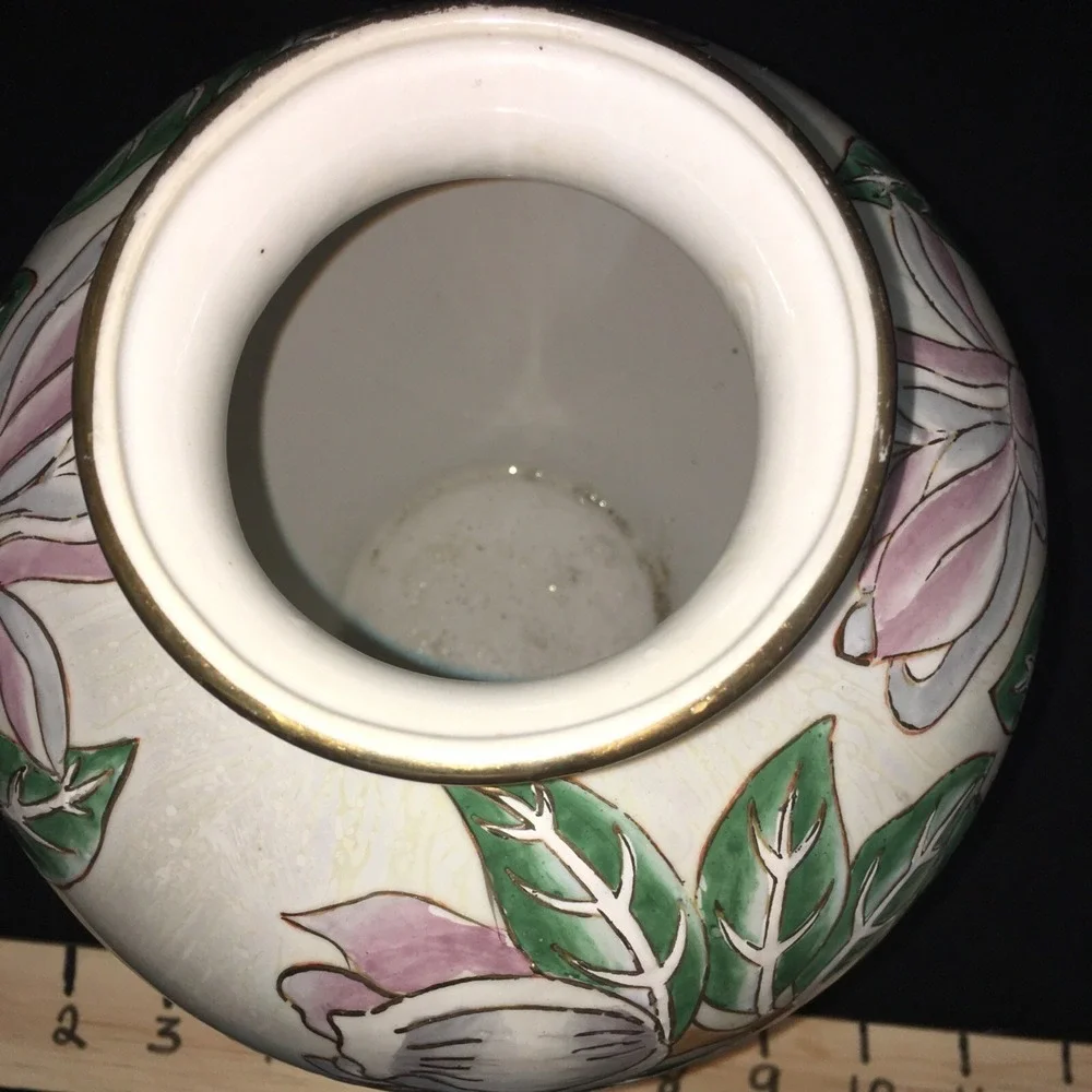 Floral Vase With  Magnolias and Gold Accents Vintage Asian Southern Style‎ Large